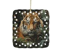 Jungle Tiger Christmas Tree Ornaments Xmas Double Sided Porcelain Square Pendant with Gold String for Fireplace, Mantel, Wreath Holiday Party Decor (3 Inch)