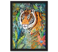 Jungle Tiger Flowers Leaves Folk Art Artwork Framed Wall Art Print A4 Artery8 Black One Size