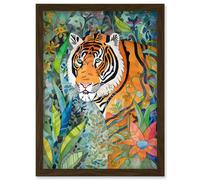 Jungle Tiger Flowers Leaves Folk Art Artwork Framed Wall Art Print A4 Artery8 Brown One Size