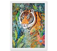 Jungle Tiger Flowers Leaves Folk Art Artwork Framed Wall Art Print A4 Artery8 White One Size