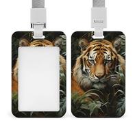 Jungle Tiger ID Badge Holder with Lanyard Vertical Badge Reel Clip Durable Clear Window Name Tag ABS Plastic Push-Pull Design ID Card Holder for Office, Nurses, Employees