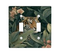 Jungle Tiger Light Switch Cover Plates/Outlet Covers, Dark Green Tropical Leaves and Flowers, Thermoplastic Wall Plates, Standard Size Double Toggle