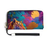 Jungle Tiger Moon Flowers PU Leather Clutch Long Bifold Wallet, Coin Purse Credit Pass Case, Durable Card-Holder Money Storage for Women Men
