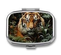 Jungle Tiger Pill Box - 2 Compartment Travel Pill Organizer with Small Mirror, Portable Pillcase for Pocket & Purse, Cute Square Medicine Case, Weekly Medicine Container