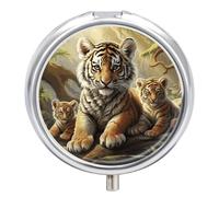 Jungle Tigers Travel Pill Box Case 3 Compartment Cute Pill Organizer Metal Pill Holder with Mirror Small Medicine Organizer Daily Pill Container for Purse Pocket Portable Meds Box