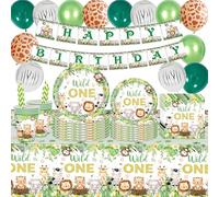 Jungle Wild One Birthday Decorations - 132 Pcs Safari Party Tableware Set for Kids, Happy Birthday Banner Balloon Plates Cups Tablecloth for Baby Shower Girls Boys
