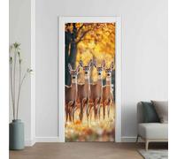 Jungle Wildlife Deer Door Murals, Deciduous Dead Branche Door Stickers Interior Wall Mural, Autumn Maple Tree Wallpaper Self Adhesive Vinyl Door Decals, for Living Room Bedroom Decor, 90x200 cm