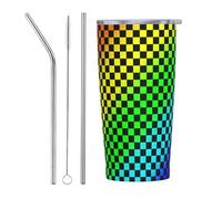 JunHeArt Black Rainbow Checkerboard Pattern Tumbler with Lid and Straw 20 oz Insulated Stainless Steel Coffee Mug Car Cup for Travel Office