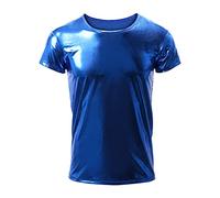 Junhouse Mens Latex Patent Leather Short Sleeve Tops Undershirt T-Shirts Shiny Metallic PVC Leather Muscle T-Shirt Tank Tops Tights Clubwear Summer Clothing (M,Blue)
