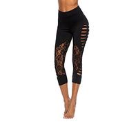 Junhouse Women Cropped 3/4 Length Leggings with Lace High Waisted Yoga Pants Cut Out Ripped Jeggings Tummy Control Workout Fitness Running Skinny Trousers (S,Black)