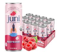 Juni Sparkling Adaptogen Drink with Ashwagandha, Lion’s Mane & Reishi Mushrooms | Green Tea for Focus, Zero Sugar, 5 Calories, Organic | Non Alcoholic Drinks - Raspberry 12 pack