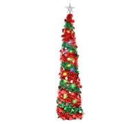 JUNIOO 1.5M/5FT Collapsible Pop Up Tinsel Tree,Artificial Christmas Tree with Shiny Sequins and LED Light for Xmas Holiday Home Party Decoration(Red&Green)