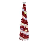 JUNIOO 1.5M/5FT Collapsible Pop Up Tinsel Tree,Artificial Christmas Tree with Shiny Sequins and LED Light for Xmas Holiday Home Party Decoration(Red&White)