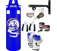 Junior Boxing Punch Bag Training Set, Filled 3ft Set, Wall Bracket Punching Gloves, Kickboxing MMA Grappling Muay Thai Karate BJJ Home Gym Fitness (Blue, 3ft)