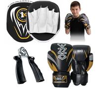 Junior Boxing Training Kit for Kids with Gloves Punch Pads and Hand Grip Strengthener Kids Sparring Set for Boys and Girls, MMA Fitness Gear (With 6oz Gold 2023)
