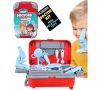 Junior Doctors Medical Kit Role Play Toys for Kids Red Carry Case with Blue Plastic Medical Instruments Microscope Stethoscope Syringe Imaginative Pretend Play Set for Children