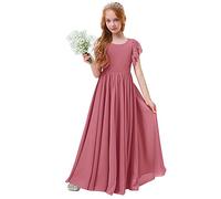 Junior Flower Girl Dresses for Wedding, Short Sleeve Lace Chiffon Dress with Belt Girls Bridesmaid Communion Baptism Party Dance Prom Gown Flowy Long Dress for Kids Dusty Pink- lace 11-12 Years