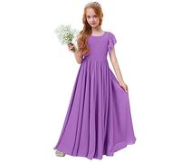 Junior Flower Girl Dresses for Wedding, Short Sleeve Lace Chiffon Dress with Belt Girls Bridesmaid Communion Baptism Party Dance Prom Gown Flowy Long Dress for Kids Light purple- lace 11-12 Years