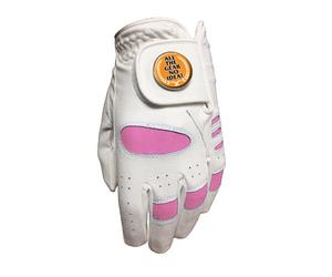 JUNIOR GIRLS PINK GOLF GLOVE. SIZE MEDIUM." ALL THE GEAR, NO IDEA" GOLF BALL MARKER.