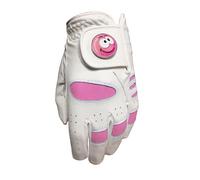 JUNIOR GIRLS PINK GOLF GLOVE. SIZE SMALL. PINK HAPPY GOLF BALL MARKER. RIGHT HAND GLOVE FOR A LEFT HANDED GOLFER.