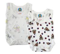 Junior Joy - 2 Pack Baby White Printed Bodysuits for 12-18 Months, Round Neck, No Sleeves, 100% Cotton, Popper Fastening for Easy Nappy Changes