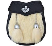 Junior Kilt Sporran with White Fur and Black Leather Thistle Badge - Traditional Scottish Highland Dress Accessory for Youth - Small Size Leather Sporrans