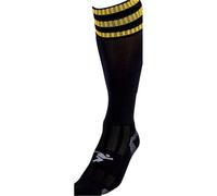 JUNIOR Size 12-2 Pro 3 Stripe Football Socks - BLACK/GOLD - Contoured Ankle