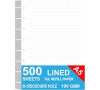Junior Size Discbound Refill Paper - 8 Discs Discbound Paper, Lined Arc Paper Refill, 100gsm, Disc Paper Refill, White Paper, 500 Sheets/1000 Pages, 5.8 X 8.25 in