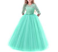 Junior Teen Girls Lace 3/4 Sleeve Dress Wedding Bridesmaid Cocktail Evening Party Long Maxi Dresses School Performance Pageant Birthday Prom Dance Carnival Christmas Ball Gowns Green 7-8 Years