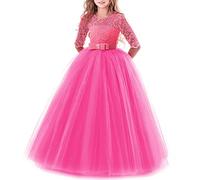 Junior Teen Girls Lace 3/4 Sleeve Dress Wedding Bridesmaid Cocktail Evening Party Long Maxi Dresses School Performance Pageant Birthday Prom Dance Carnival Christmas Ball Gowns Hot Pink 11-12 Years