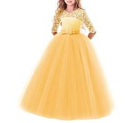 Junior Teen Girls Lace 3/4 Sleeve Dress Wedding Bridesmaid Cocktail Evening Party Long Maxi Dresses School Performance Pageant Birthday Prom Dance Carnival Christmas Ball Gowns Yellow 9-10 Years