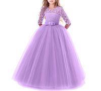 Junior Teen Girls Lace 3/4 Sleeve Dress Wedding Bridesmaid Cocktail Evening Party Long Maxi Dresses School Performance Pageant Birthday Prom Dance Carnival Christmas Ball Gowns Purple 11-12 Years