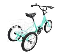 Junior Tricycle Youth 3 Wheel Trike, adjustable handlebar seat, rear basket storage, steel frame triangular, single speed drive, home park street use, light green 14 inch wheels 118x51.5cm