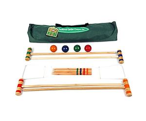 Junior Wooden Lawn Croquet Set for Children - 4-Player Outdoor Garden Game with 75cm Mallets, Balls, Hoops, and Canvas Carry Bag