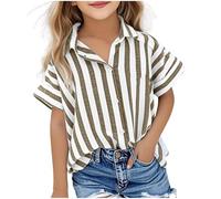 Juniors Undershirt Tops Summer Girls Cotton Linen Shirts Kids Striped Tops Lapel V Neck Button Down Shirt Loose Fit Casual Blouses Tee Top Girl Age 4 (Brown, 11-12 Years)