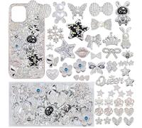 Junk Case Charms Kit,Big Junk Charms Bulk,Black Silver Y2K Big Charm for Phone Cases,Bling Flat Back Charm for Junk Socks,3D Astronaut Star Bow Planet Heart, Flatback Rhinestone Pearls for Decorating