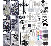 Junk Case Charms Kit,Black Junk Phone Case Charms Bedazzling Kit,Big Charm for Customizing Cases,Kawaii Bow, Nail Accessories, Flatback Pearls, Rhinestones,Aesthetic Decor for Personalization