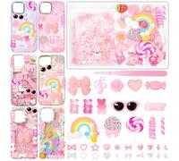 Junk Case Charms Kit, Cute Lollipop Candy Rainbow Big Charms for Junk Case, Multi Shapes Bow Tie Phone Charms Cases Flower Butterfly Pearl Star Heart Slime Charm for DIY Crafts Accessories