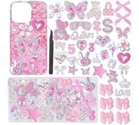 Junk Case Charms,Pink Kawaii Bow Phone Cases Kit,Silver Butterfly Charm for Junk Socks,Bling Flat Back Big Charms,3D Heart Star Flower Phones Case Char Flatback Rhinestone for Customizing DIY Craft