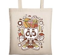 Junk Food Skull Fast Food Burger Hot Dog Fries Natural Ecological Cotton Tote Bag Beige