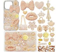 Junk Phones Case,Gold Junk Case Charms,Large Charm Kit with Large Flower Decor,Bling Rhinestone Lips /Bows /Chain Bags Junk Charms for DIY Desginer & Social Media Crafting,Flatback Aesthetic Big Decor