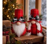 Junkin 2 Pcs Christmas Plush Gnomes Couple with Buffalo Plaid, Gnomes Figurine Rustic Farmhouse Tomte Ornaments Decorations for Christmas Tabletop Mantel Tray Shelf Tiered Tray Decor