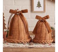Junkin 2 Pcs Large Wicker Rattan Christmas Bells with Velvet Bow 9'', 6.5'' | Rustic Farmhouse Woven Bells, Xmas Table Decor, Rattan Bell Hanging Ornament for Christmas Tree Fireplace Mantel Indoor Decor