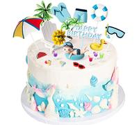 Junkin 21 Pcs Beach Cake Decorations Summer Pool Cake Topper Summer Birthday Decorations Coconut Tree Chair Umbrella Watermelon Sun for Pool Beach Party Birthday Supplies(Boy)