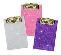 Junkin 3 Pcs Mini Glitter Clipboard 4" x 6" Bling Small Acrylic Clipboards Mini Pocket Memo Size Clip Boards with Low Profile Clip for Office Classroom Back to School Supplies Pink Silver Purple