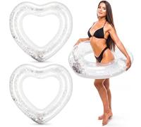Junkin 47.3 x 39.4 Inch Clear Heart Pool Float Bachelorette Inflatable Swim Float Bride Pool Water Ring Glitter Loungers Tube Swimming for Engagement, Wedding, Summer Beach Party