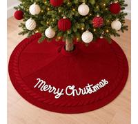 Junkin 48 Inch Christmas Tree Skirt Burgundy Cable Knitted Tree Skirt | Red Vintage Tree Skirt with 3D Merry Christmas Rustic Xmas Cable Knit Mat for Winter Holiday Party Indoor Home Decor