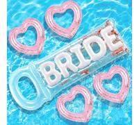 Junkin 5 Pcs Bachelorette Inflatable Pool Floats Set Include 1 Clear Glitter Bride Pool Float and 4 Heart Beach Floats, Sparkling Pink Bachelorette Party Decors for Beach Bridal Shower Supplies