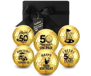 Junkin 6 Pcs Happy Birthday Gifts Golf Balls Set for Men 50th 60th Gold Golf Ball with Gift Box for Dad Husband Grandpa Golfing Lovers Birthday Present(50th)