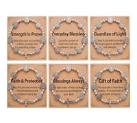 Junkin 6 Pcs St. Benedict Rosary Bracelet Set, Silver Elastic Beaded Saint Catholic Bracelets with Scripture Cards & Mesh Bag, Baptism Easter Confirmation Gifts for Women Men Religious Prayer